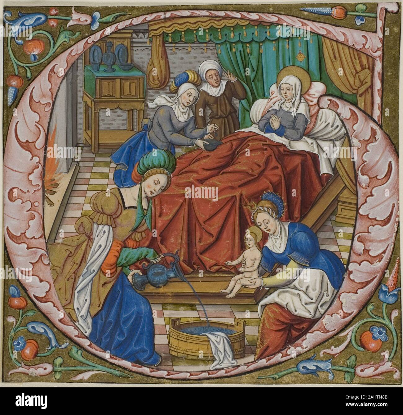 Maître de Jacques de Besançon. La naissance de la Vierge dans une initiale historiée G d'un Antiphonaire. 1485-1515. La France. Manuscrit de la coupe dans la tempera et feuille d'or, avec gothica Textualis propose des inscriptions en noir, a statué en rouge, sur parchemin Banque D'Images Maître de Jacques de Besançon. La naissance de la Vierge dans une initiale historiée G d'un Antiphonaire. 1485-1515. La France. Manuscrit de la coupe dans la tempera et feuille d'or, avec gothica Textualis propose des inscriptions en noir, a statué en rouge, sur parchemin Banque D'Images