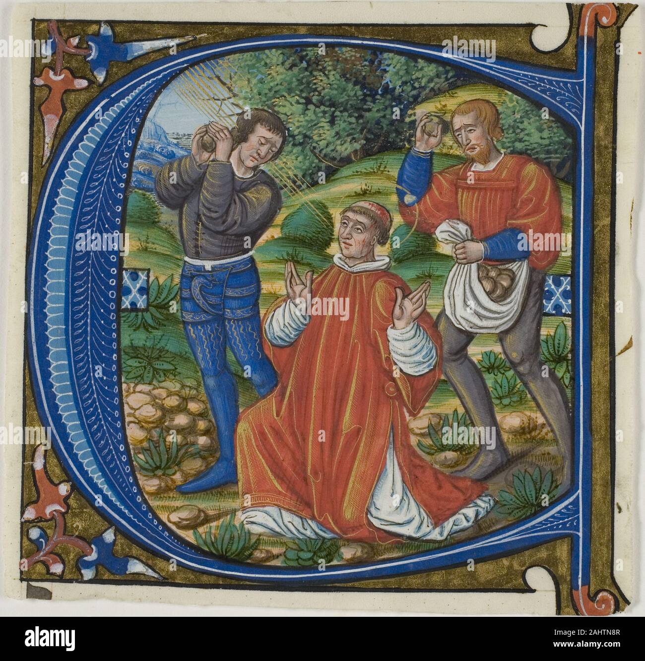 Maître de Jacques de Besançon. La lapidation de Saint Stephen dans une initiale historiée A ou C de façon progressive. 1485-1515. La France. Manuscrit de la coupe dans la tempera et feuille d'or, avec gothica Textualis propose des inscriptions en noir, a statué en rouge, sur parchemin Banque D'Images Maître de Jacques de Besançon. La lapidation de Saint Stephen dans une initiale historiée A ou C de façon progressive. 1485-1515. La France. Manuscrit de la coupe dans la tempera et feuille d'or, avec gothica Textualis propose des inscriptions en noir, a statué en rouge, sur parchemin Banque D'Images
