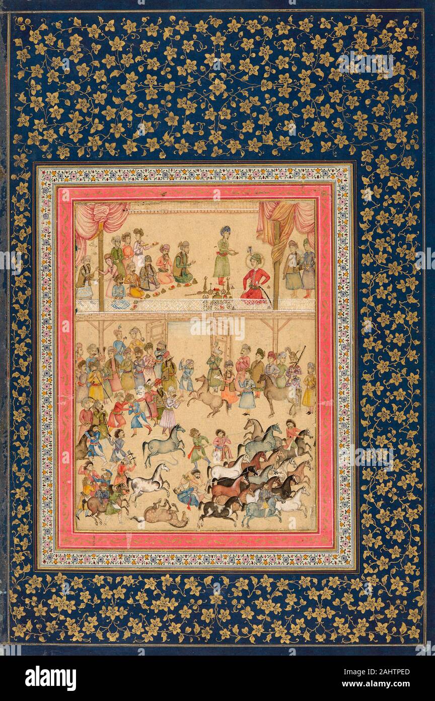 «Aliquli Jabbadar. Royal Horse Inspection. 1650-1675. L'Iran. Aquarelle opaque et d'or sur papier le paramétrage de la peinture est l'écuries royales à Isfahan. La partie supérieure de la scène se compose d'une plate-forme sur laquelle sont réunis le shah, ou roi perse, qui apparaît à côté de la colonne de droite ; s'agenouillant cinq courtiers ; et divers agents de bord servant des fruits et du vin. Le roi est identifié dans la signature de l'artiste dans l'angle supérieur gauche comme Shah 'Abbas II, qui mourut en 1666, mais il est possible que la peinture non datée, a été exécuté après sa mort. Le statut du dirigeant est souligné par son gol Banque D'Images