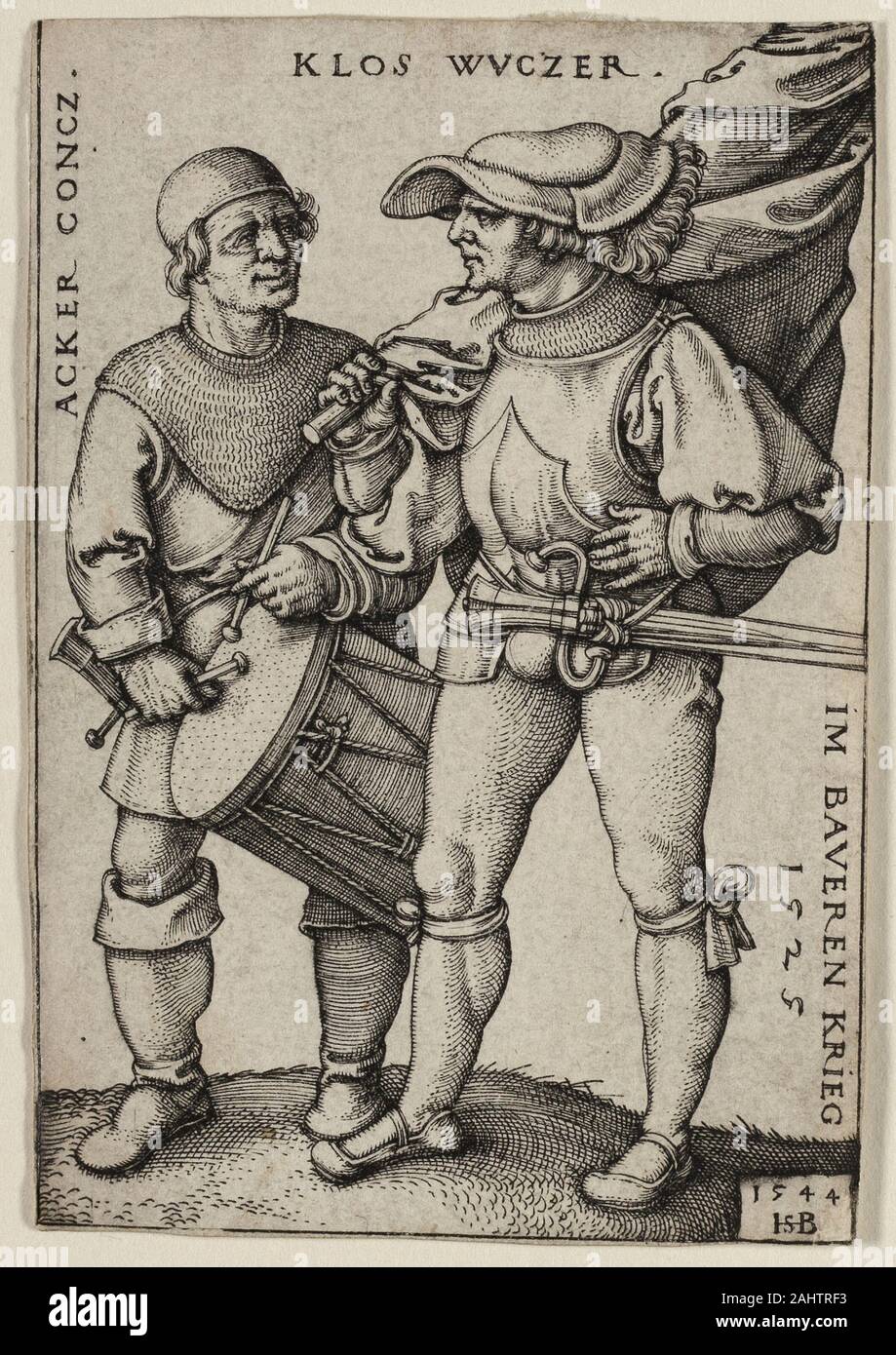 Hans Sebald Beham. Standard-Bearer et le batteur. 1544. L'Allemagne. Gravure en noir sur papier vergé ivoire Beham's gravure de deux soldats parvient à capter l'esbroufe visuelle et le bruit de la guerre malgré sa petite taille. Les deux porter mail armor, avec l'étendard également équipés d'une cuirasse, une sorte de cuirasse. Pourtant, cette pièce d'armure est un ancien modèle, et ces chiffres peuvent en fait être Landsknecht des imposteurs. Les inscriptions identifier le batteur comme un agriculteur "empoté Conrad" et le porte-drapeau de "Klaus Swineherd", une référence à la Bauernkrieg, un paysan allemand upr Banque D'Images