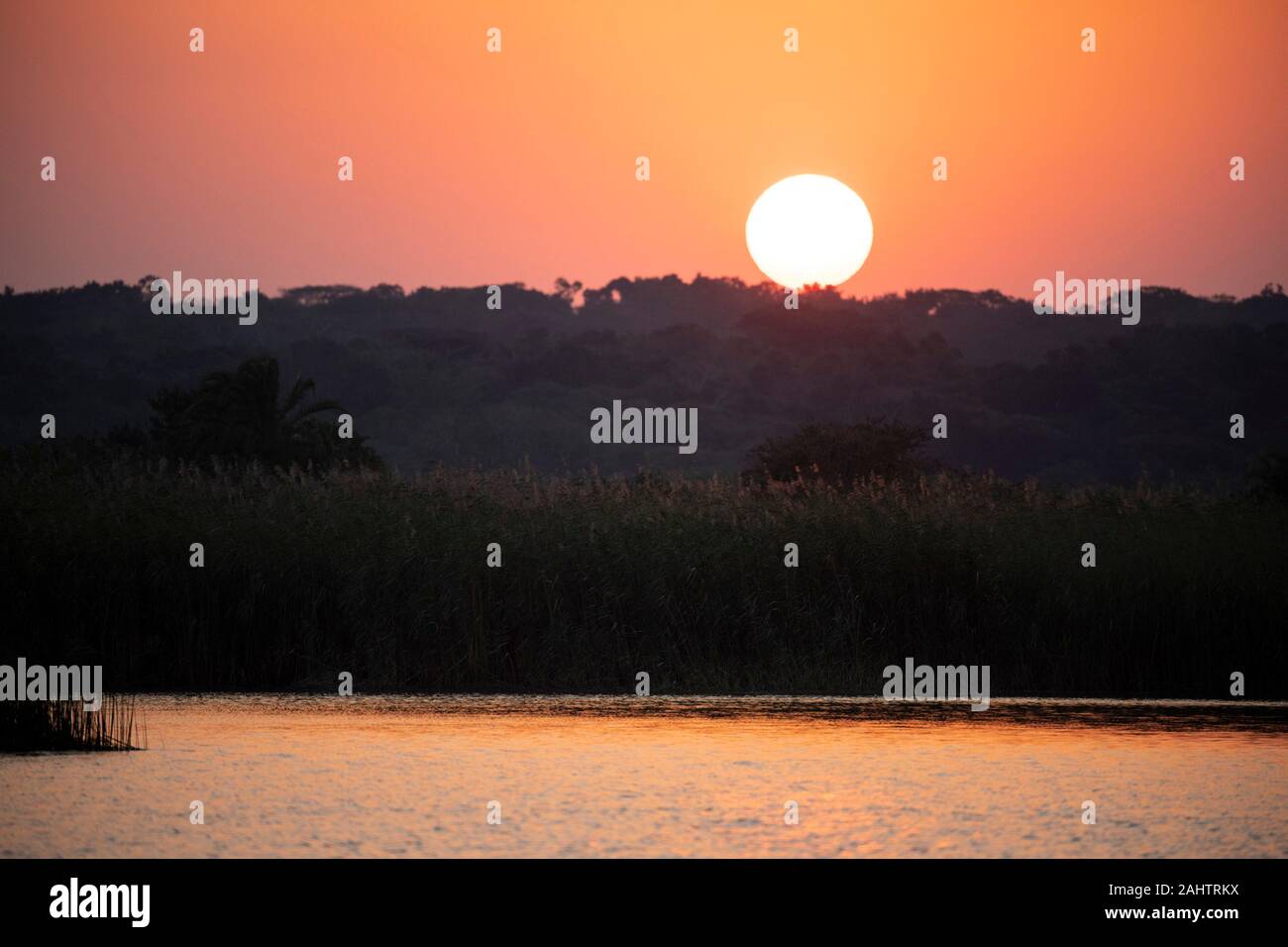 Coucher de soleil sur le lac St Lucia, parc iSimangaliso Wetland Park, Afrique du Sud Banque D'Images