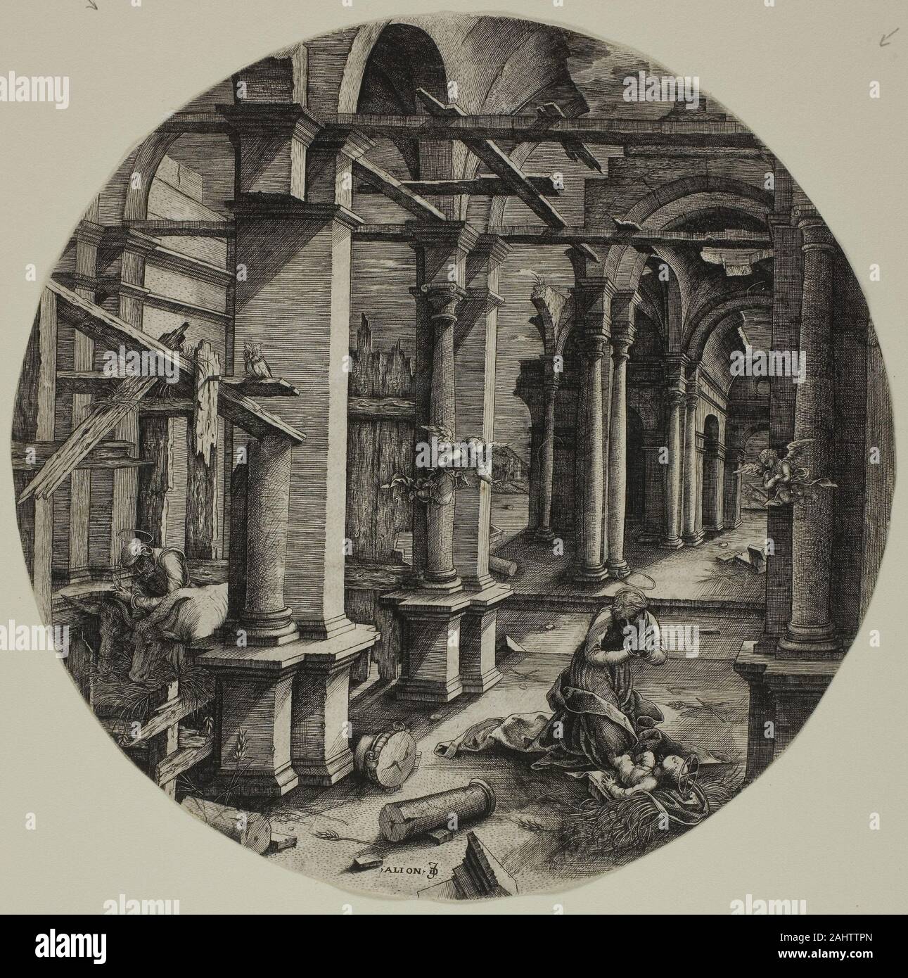 Jean de Gourmont. L'étable de Bethléem. 1520-1540. La France. Gravure en noir sur papier vergé ivoire pour cette nativité Gourmont utilisé la toile d'une chaîne de construction classique pour annoncer l'aube d'une ère nouvelle. Même en ruines, beaucoup plus qu'une véritable aurait été stable au moment de la naissance de Jésus, le paramètre souligne le contraste entre l'architecture élaborée de l'antiquité et les humbles débuts du christianisme.Seulement une peinture documenté et une trentaine de gravures témoignent de l'extraordinaire art de Jean de Gourmont. Cela, sa plus célèbre gravure, s'est achevé Banque D'Images