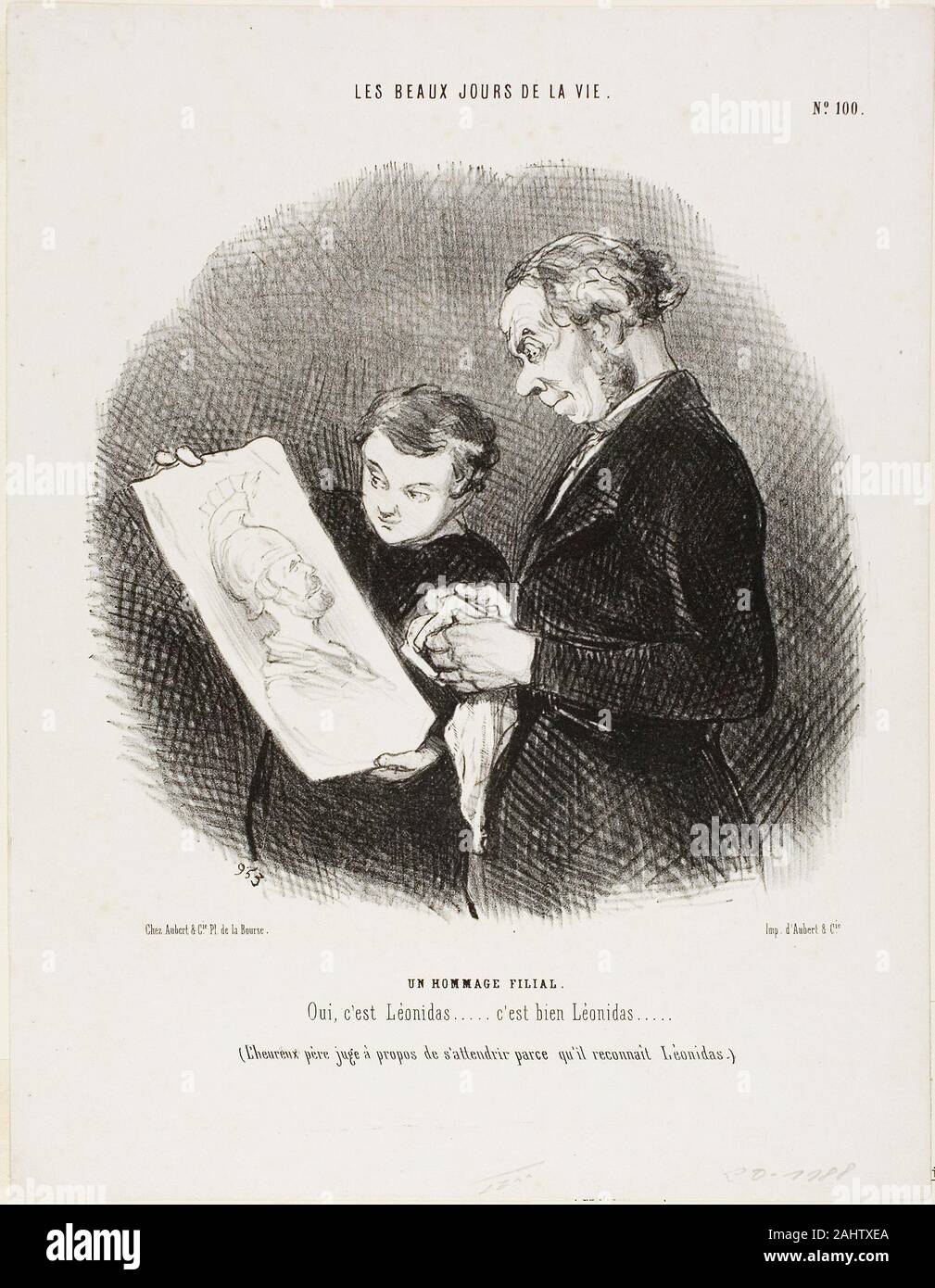 Honoré-Victorin Daumier. "Oui, c'est Leonidas...... Pas de doute, c'est Leonidas !" (l'heureux père juge qu'il convient d'être déplacé en reconnaissant Leonidas), la plaque de 100 Les Beaux Jours de la vie. 1846. La France. Lithographie en noir sur papier vélin blanc Banque D'Images