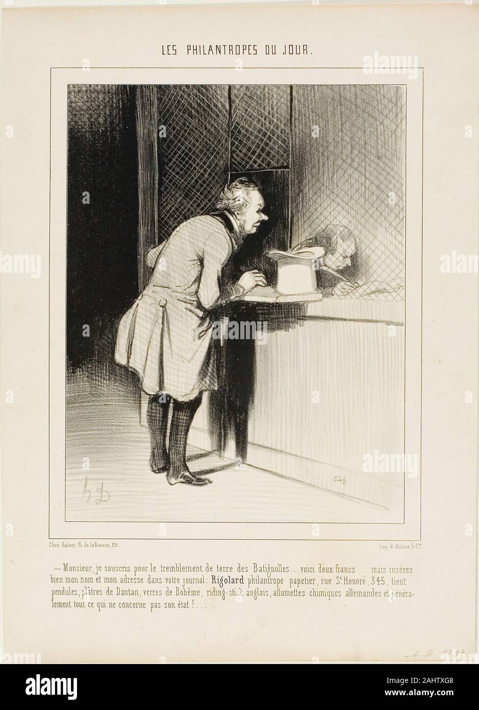 Honoré-Victorin Daumier. "- Monsieur, J'aimerais m'inscrire pour le tremblement de terre à Batignolles..... voici deux francs... mais mis en mon nom et l'adresse correctement dans votre journal, Rigolard - Philanthrope, papetier à la rue St Honoré 345, offrant des horloges et des statues de Dantan, verre de Bohême, anglaise, des allumettes et chimique allemande en général tout ce qui n'a pas vraiment préoccupé de cette question," Planche 6 de : Les Philantropes du jour. 1844. La France. Lithographie en noir sur papier vélin ivoire Banque D'Images