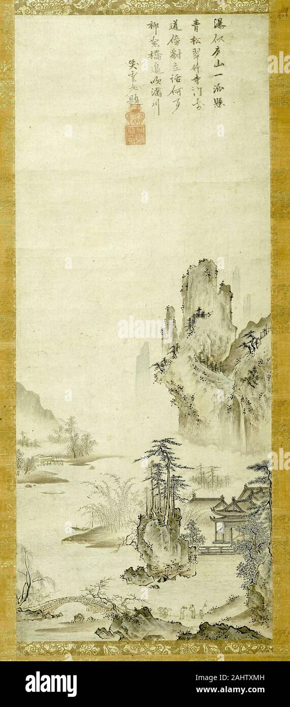 Oguri Sotan. Paysage. 1413-1481. Le Japon. Encre et couleurs sur papier, faites défiler la pendaison Banque D'Images