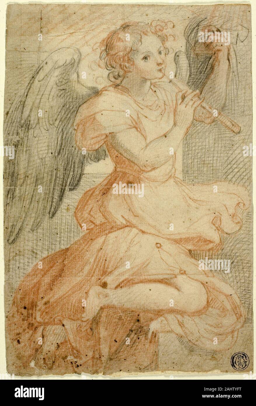 Cercle de Giuseppe Cesari. Ange jouant d'une flûte. 1589-1593. L'Italie. Craie noire et rouge, avec des traces de plume et encre brune, sur papier vergé chamois, incisé Banque D'Images