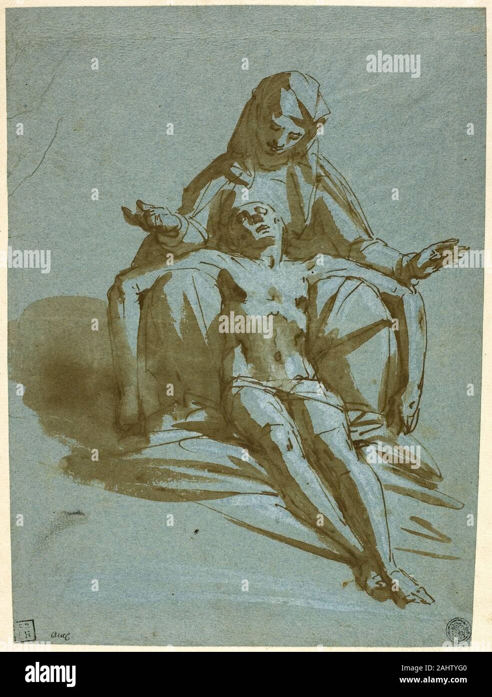 Luca Cambiaso. Pietà. 1567-1585. L'Italie. Plume et encre brune avec pinceau et lavis, rehaussée de blanc de plomb, sur papier vélin bleu, fixées sur papier vélin ivoire Banque D'Images
