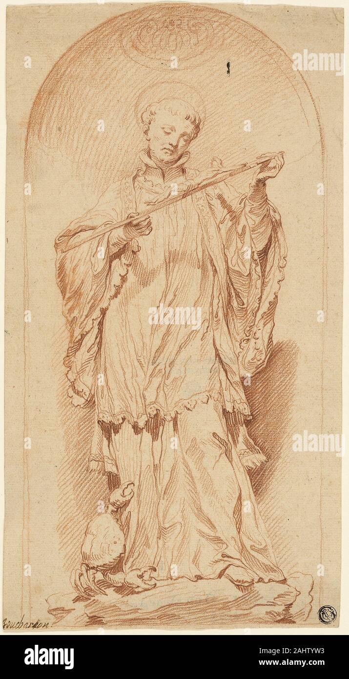 Edme Bouchardon. Saint François tenant un Crucifix. 1718-1762. La France. Craie rouge sur papier vergé chamois Banque D'Images