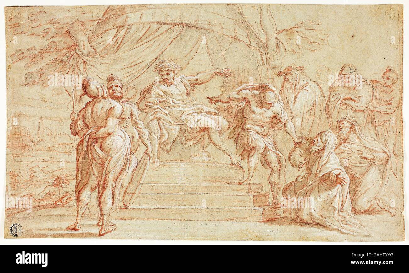 Thomas Blanchet. Scène de l'histoire romaine. 1624-1689. La France. Craie rouge, avec brosse et gris-brun et de craie rouge laver, avec des touches de craie noire, avec le blanc de plomb (partiellement décoloré), sur papier vergé bleu tan avec fibres, fixées sur papier vergé crème Banque D'Images
