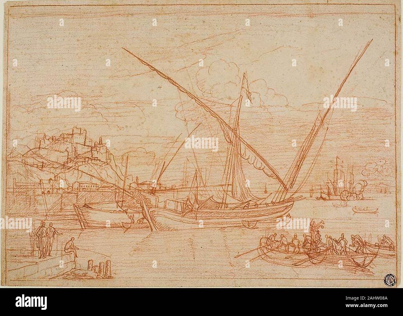 Adrien Manglard. Vue d'un port des navires dans un port. 1753. La France. Craie rouge sur papier vergé chamois Banque D'Images
