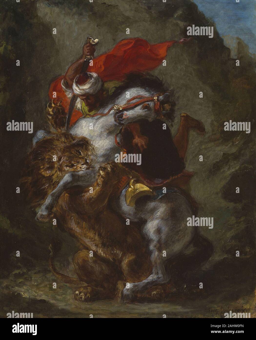 Eugène Delacroix. Cavalier arabe attaqué par un lion. 1849-1850. La France. Huile sur panneau Banque D'Images