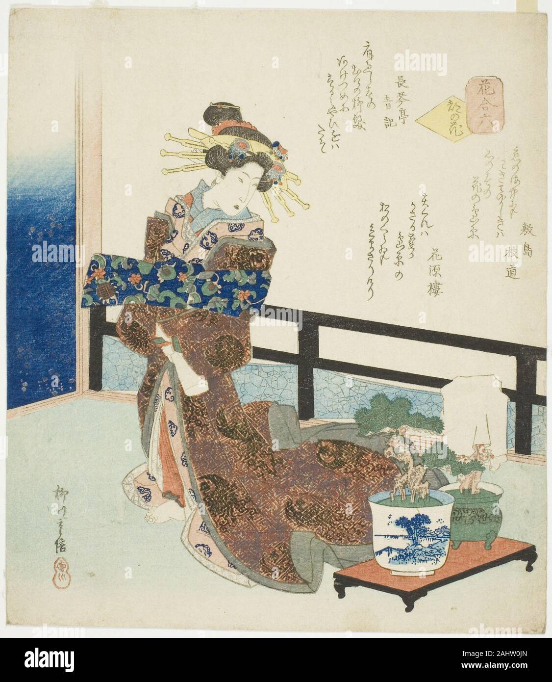 Yanagawa Okuma II. N°6 fleur de la capitale (Miyako no hana), de la série une comparaison des fleurs (Hana awase). 1826-1829. Le Japon. Gravure sur bois en couleur ; surimono, shikishiban Banque D'Images