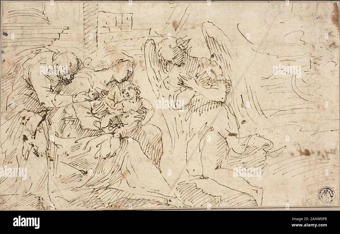 Jacopo Palma il Vecchio, appelé. Sainte Famille avec Angel. 1520-1530. L'Italie. Plume et encre brune sur papier vergé crème, fixées sur carte grise Banque D'Images