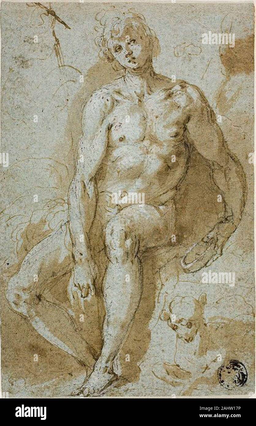 Cercle de Jacopo Palma, appelé Palma le Jeune. Place Saint Jean le Baptiste. 1598-1602. L'Italie. Plume et encre brune avec pinceau et lavis, rehaussée de gouache blanche, avec craie noire, sur papier bleu, fixées sur papier vergé ivoire Banque D'Images