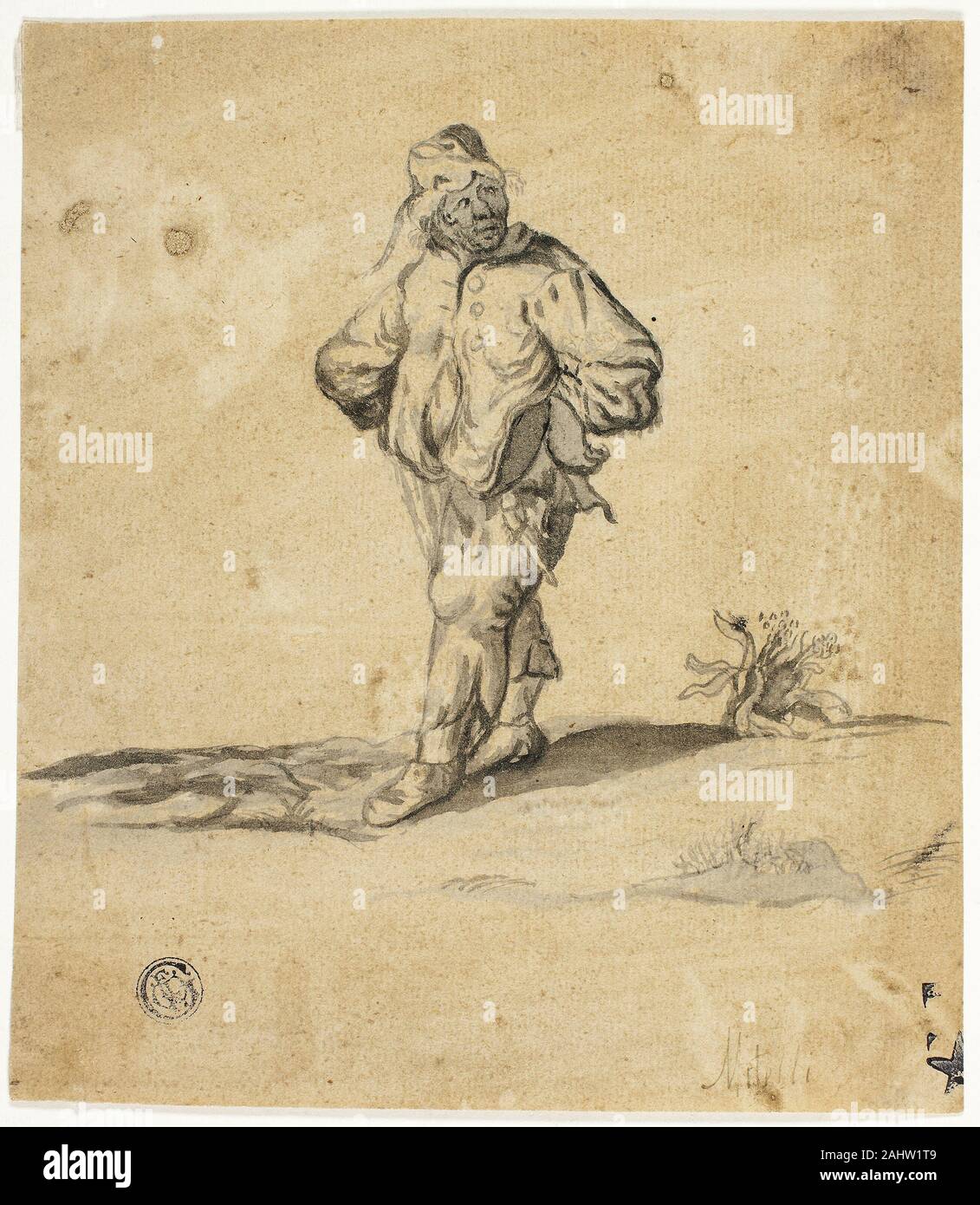 Giuseppe Maria Mitelli. Paysan permanent avec des armes Akimbo. 1654-1718. L'Italie. Brossez et lavez-gris, plus de traces de graphite, sur papier vergé beige Banque D'Images