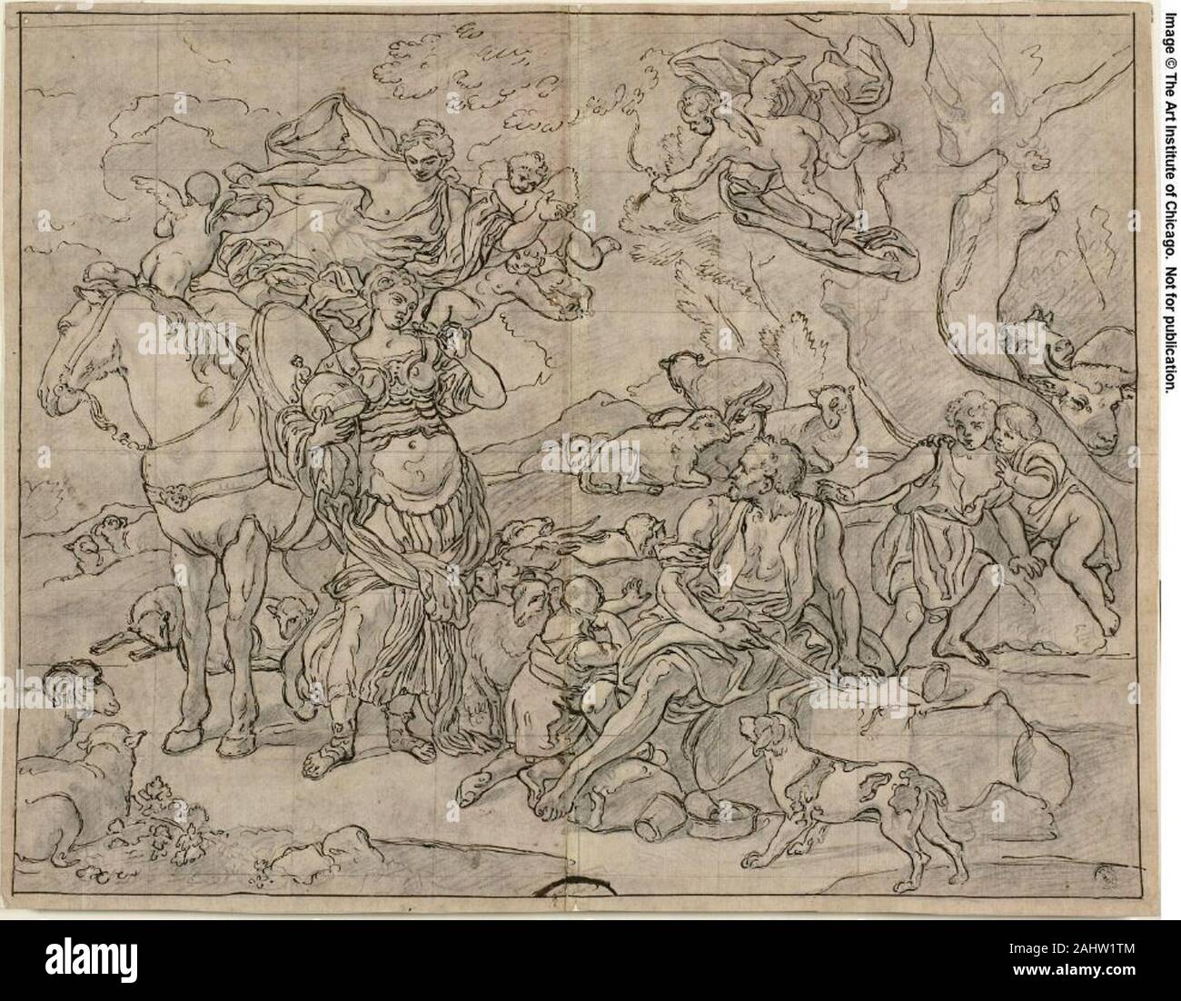 L'École de Francesco Solimena. Erminia et les bergers. 1650-1800. L'Italie. Plume et encre brune, plus de craie noire, carré dans la craie, noir sur papier vergé teinté de rose, et fixées sur papier vergé ivoire Banque D'Images