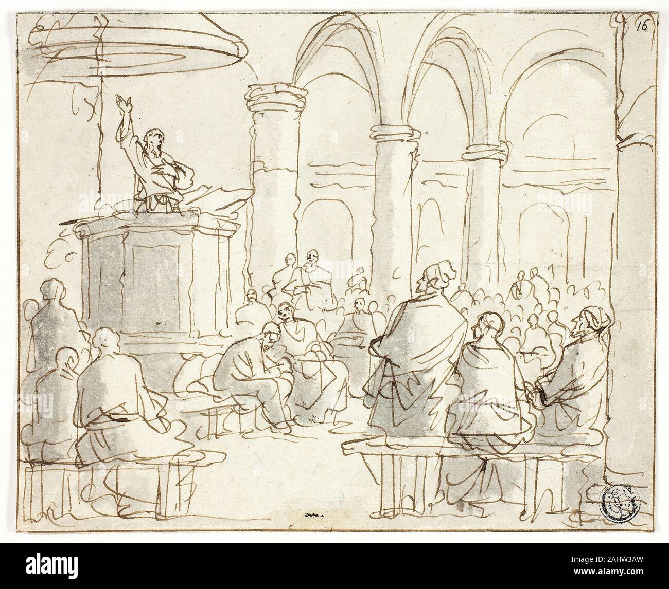 Jan Luyken. Homme prêche à la Congrégation. 1669-1712. Aux Pays-Bas. Plume et encre brune, avec brosse de lavage et gris, sur papier vergé ivoire Banque D'Images