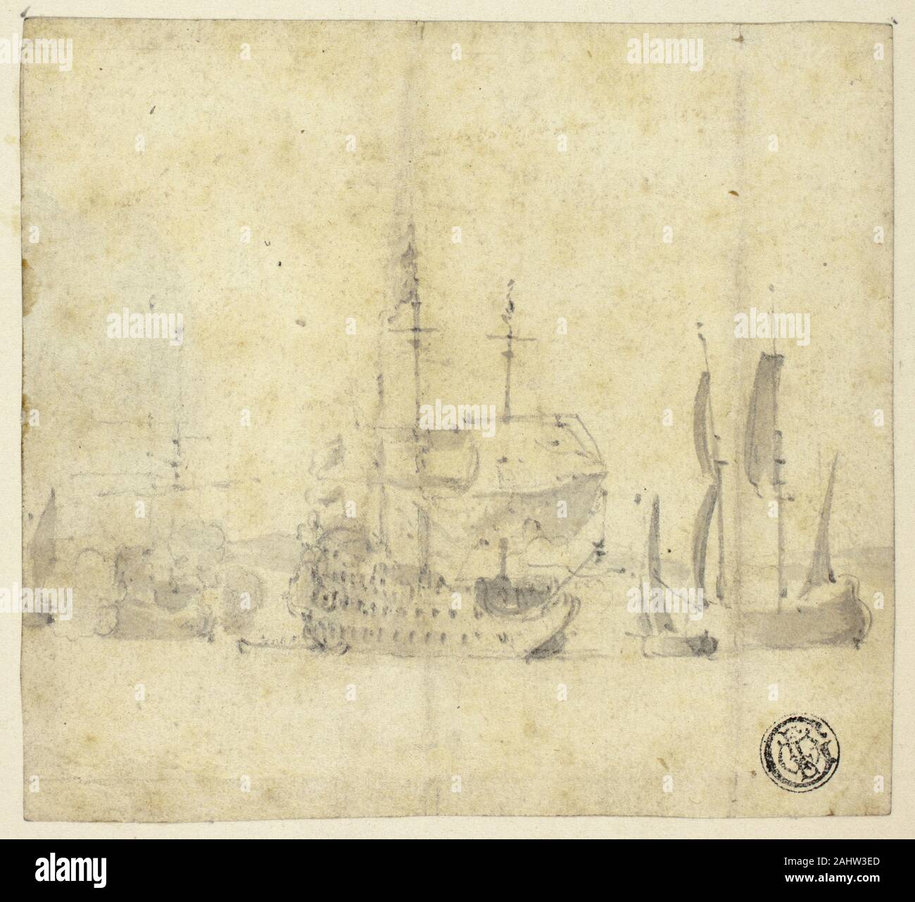 Willem van de Velde, II. Navires dans un port. 1653-1707. La Hollande. Avec brosse de graphite et gris sur papier vergé ivoire lavage, fixées sur la carte Banque D'Images