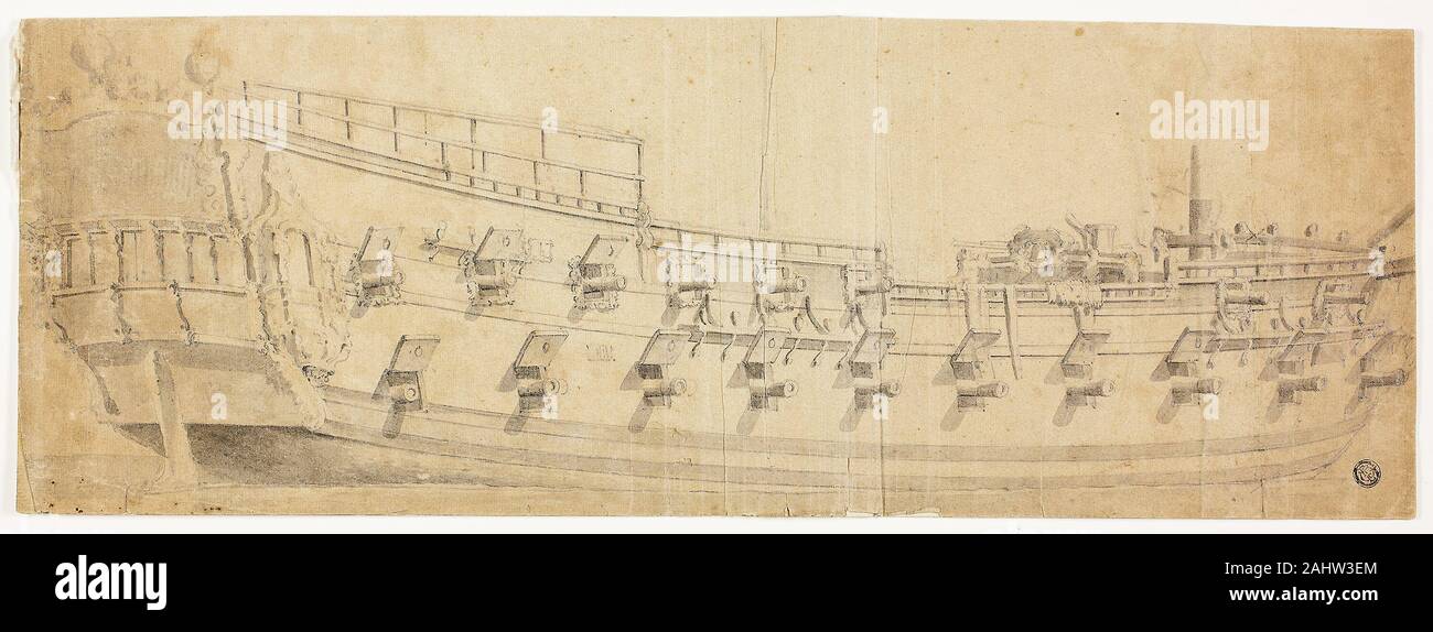 Willem van de Velde, II. Galleon armés vu de tribord. 1631-1707. Aux Pays-Bas. Laver, brosser et gris avec du graphite et des traces de craie noire sur papier vergé, tan, fixées sur papier vergé crème Banque D'Images