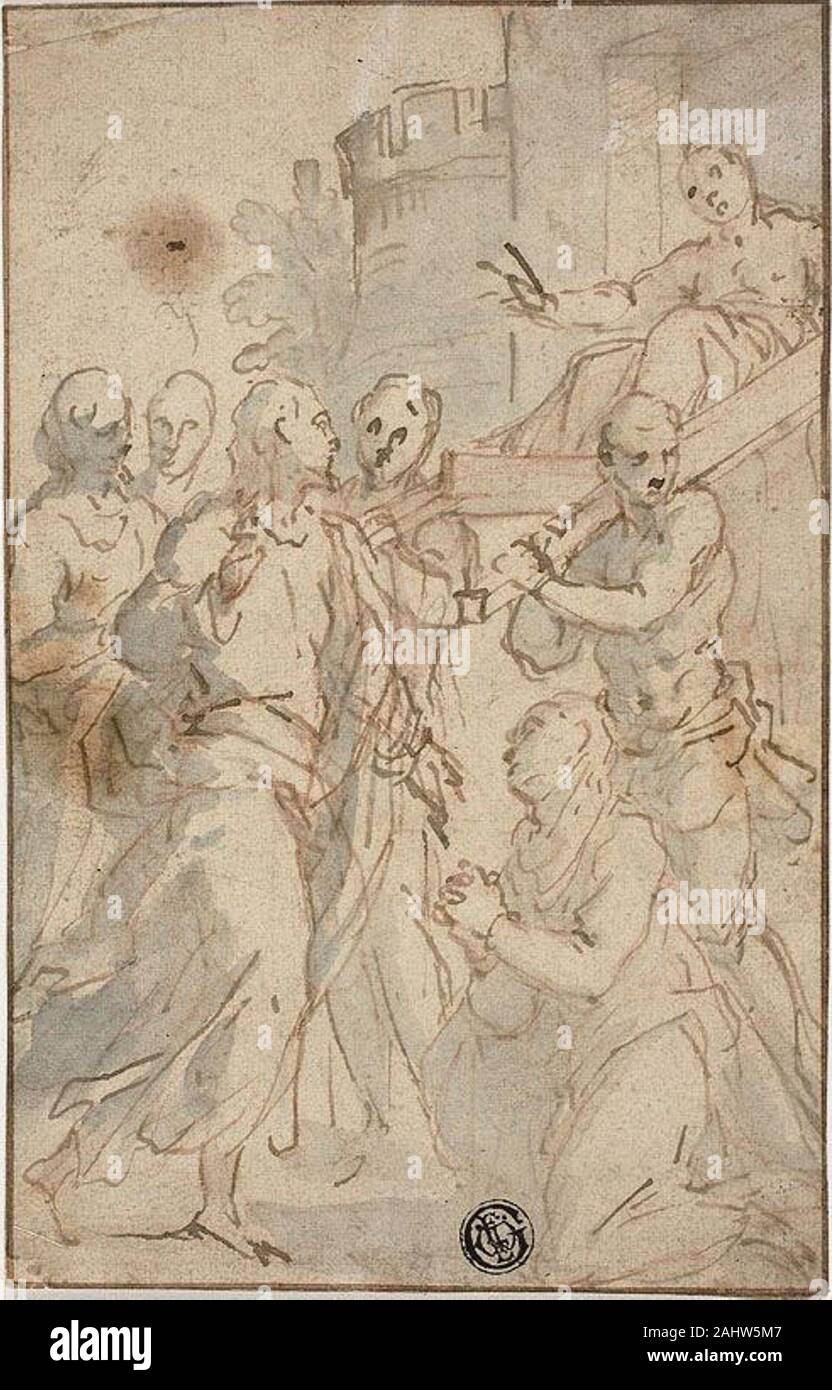 Disciple de Jacopo Palma, appelé Palma le Jeune. La guérison du Christ le paralytique ou le Christ et la femme adultère. 1598-1603. L'Italie. Plume et encre brune avec brosse et bleu, plus de craie rouge, sur papier vergé crème, fixées sur papier vergé ivoire Banque D'Images