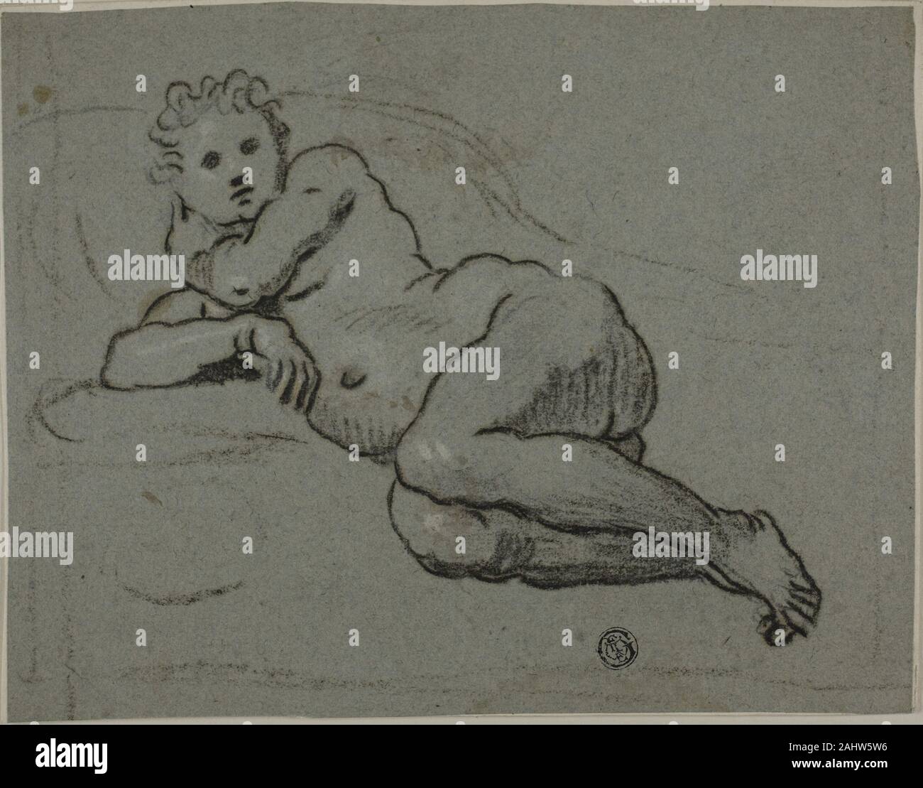 Atelier de Domenico Tintoretto. Nu couché. 1500-1599. L'Italie. Le charbon de bois, charbon de bois huilé avec de l'emploi, avec des traces de craie blanche, sur papier bleu, fixées sur papier vergé ivoire Banque D'Images