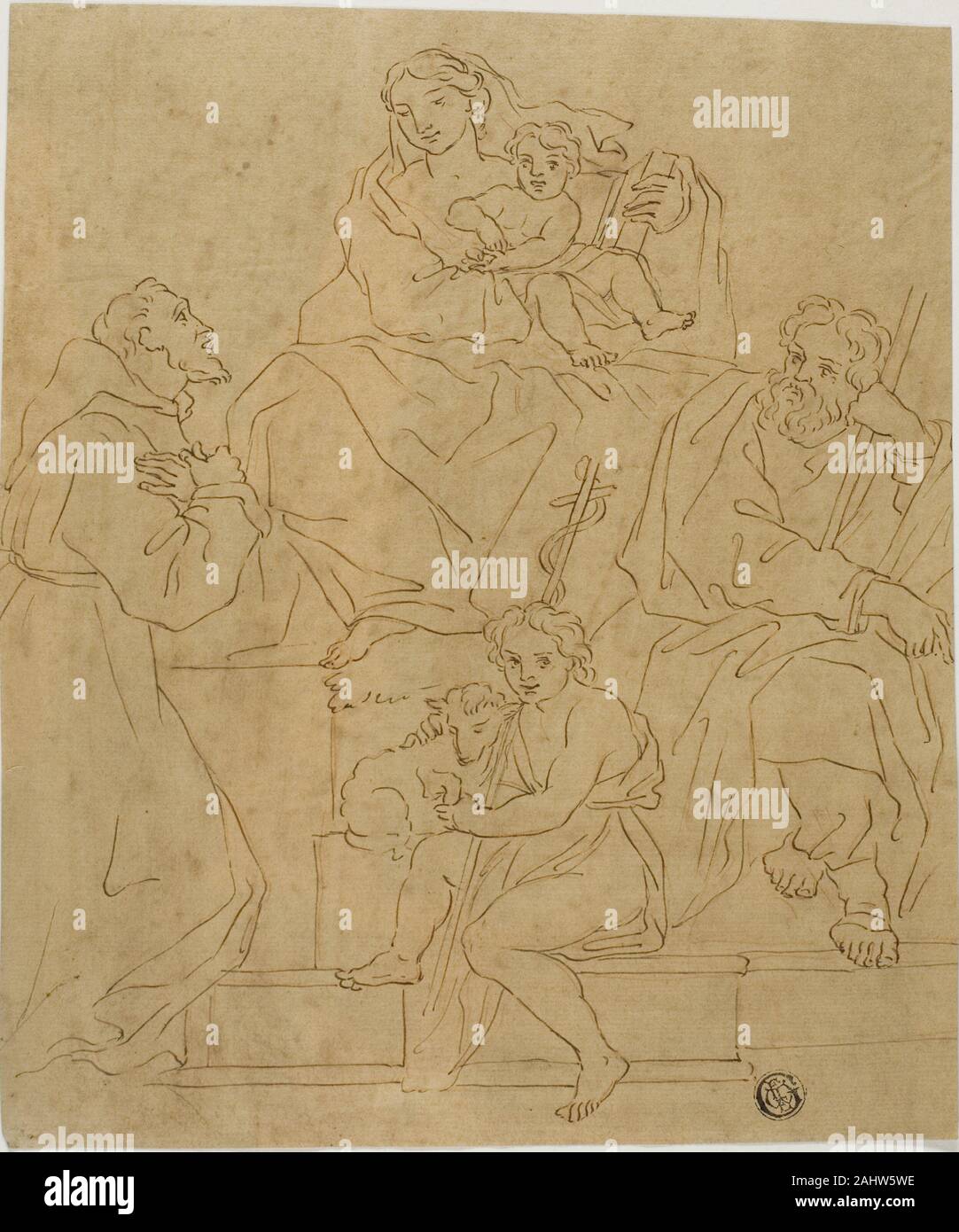 Jacopo Cavedone. Sainte Famille avec saint François d'assise et l'enfant Jean le Baptiste. 1612-1799. L'Italie. Plume et encre brune, avec des traces de craie rouge sur papier vergé, tan, fixées sur papier vélin vert Banque D'Images