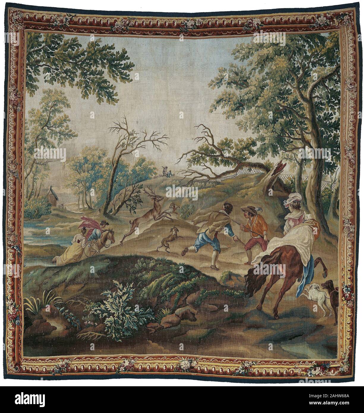 De l'atelier Léonard Roby (producteur). La chasse au cerf, de scènes de chasse pastorale. 1765-1785. Aubusson. La laine et la soie, et de fente de verrouillage double tissage de la tapisserie faisant partie d'un ensemble d'Aubusson représentant des épisodes de chasse pacifique, cette tapisserie illustre une chasse au cerf dans un paysage d'automne. La scène est basée sur une gravure intitulée La chasse à l'Italienne (La chasse à l'italienne) par Jacques-Philippe Lebas (1707-1783), qui était elle-même gravée d'après une peinture par le 17e siècle Philips Wouwerman peintre néerlandais (1619-1668). La série contenait au moins cinq autres scènes de repos, de fauconniers Banque D'Images