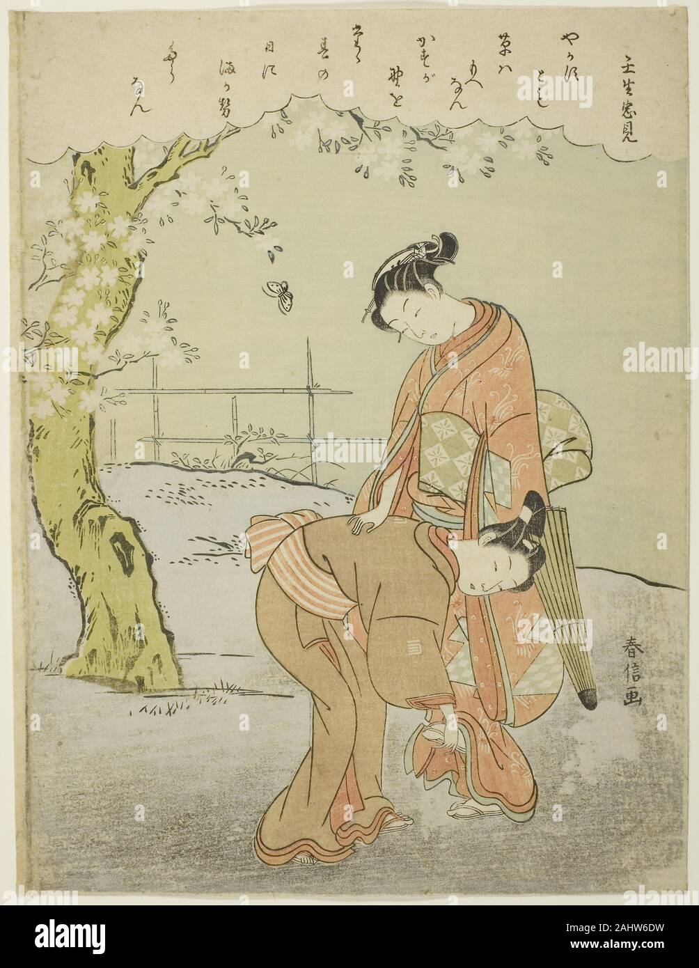 Suzuki Harunobu. Poème de Mibuno Tadami, pas d'une série sans titre de Tango Immortel des poètes. 1762-1773. Le Japon. Estampe chuban couleur ; Banque D'Images