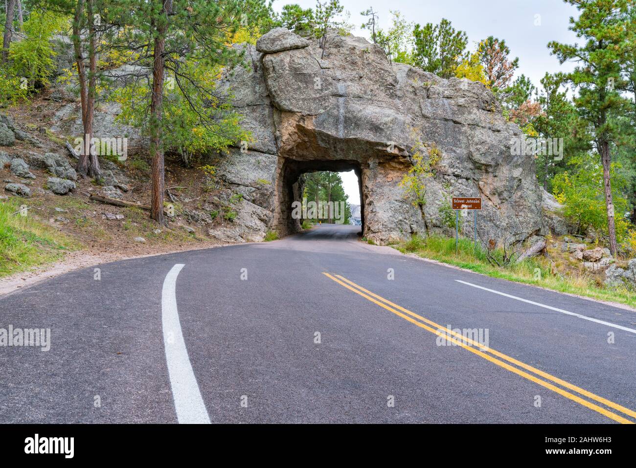 Tunnel le long de la route les aiguilles dans les Black Hills du Dakota du Sud Banque D'Images