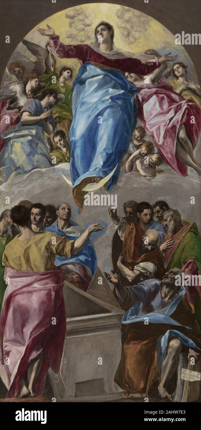 Domenico Theotokópoulos, appelée El Greco. L'Assomption de la Vierge. 1577-1579. L'Espagne. Huile sur toile Ce tableau a été l'élément central du retable qu'était El Greco's ?er grandes commission espagnole et ?er les grands travaux publics. Après un séjour à Venise et à Rome, où il a absorbé le maniérisme tardif, l'artiste grecque se sont installés dans la ville espagnole de Tolède en 1577 pour travailler sur l'autel de l'église du couvent de Santo Domingo el Antiguo. L'église de cet ancien couvent cistercien était en cours de reconstruction comme la chapelle funéraire d'une pieuse veuve, Doña Maria de Silva. Dans El Greco's Banque D'Images