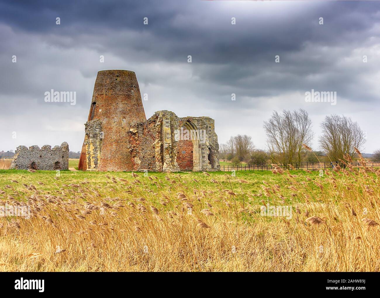 UK, Norfolk - Mars 2018 : St Benet's gatehouse Abbaye et l'usine sur les Norfolk Broads pendant une tempête. Banque D'Images