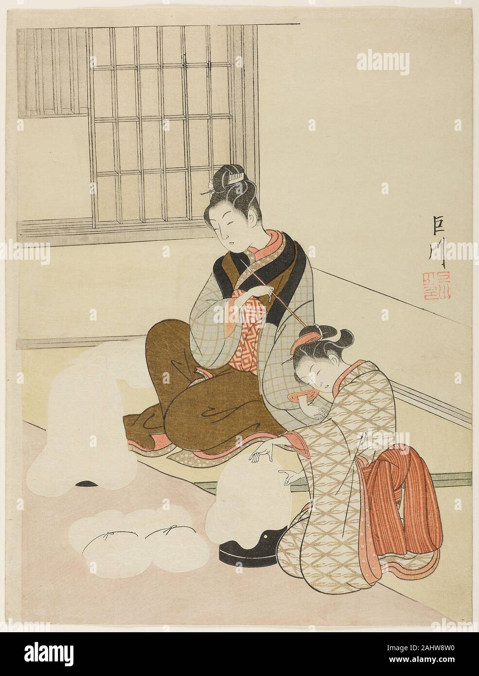 Suzuki Harunobu. Soir de neige sur un fil dentaire (Nurioke bosetsu pas Shaper), de la série Huit vues de la salle de traite (Zashiki hakkei). 1761-1771. Le Japon. Estampe chuban couleur ; la célèbre série Huit vues de la salle de traite a été produit en 1766, au moment de l'émergence du plein-couleur imprime au Japon. La série contient huit impressions qui ont été logés ensemble dans un emballage de fantaisie, qui sont maintenant dans l'Art de la collection de l'Institut. Les calembours visuels présente ces scènes basées sur des thèmes bien connus de la Xiao Xiang et les rivières en Chine, dont chacune a son propre titre poétique. Pour Soirée Sno Banque D'Images