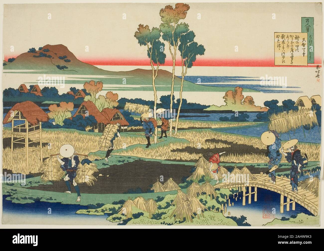 Katsushika Hokusai. Tenji Tenno (l'Empereur Tenji), premier poète de la série d'une centaine de poèmes par cent poètes expliqué par l'infirmière. 1830-1841. Le Japon. Gravure sur bois en couleur ; yoko Empereur Tenji oban (628-681), régna de 668 à 671, au cours de laquelle il a créé le premier code de droit civil. Cette scène est basé sur l'histoire que si l'empereur était en voyage dans la campagne, une douche soudaine l'a forcé à se réfugier dans un refuge temporaire, fragile dans un champ de riz. Son poème exprime sa sympathie pour ses sujets qui doivent travailler et supporter tous les jours dans de telles conditions.Bien sûr le rush Banque D'Images