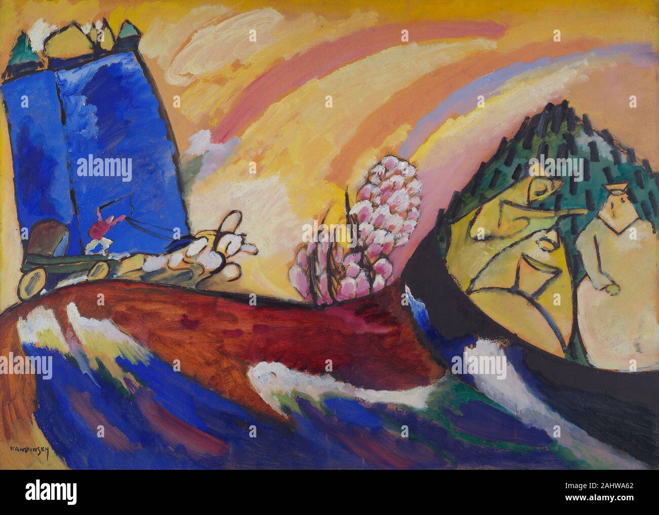 Vassily Kandinsky. Peinture avec Troïka. 1911. L'Allemagne. Huile sur carton ; dans le cadre de l'artiste peinte Wassily Kandinsky, avec Franz Marc, Gabriele Münter, et Alexei Jawlensky, étaient membres de la Cavalier bleu, une vague alliance d'artistes basée à Munich. Bien que ces artistes n'ont pas un style commun, ils n'croient à l'importance symbolique et spirituelle de formes et de couleurs et leur effet sur les émotions et souvenirs. Le cavalier bleu aussi en faveur d'une candidature spontanée, l'approche intuitive de la peinture et l'air de pays non occidentaux, européens, médiévale et l'art populaire des traditions pour l'inspiration. Dans Banque D'Images Vassily Kandinsky. Peinture avec Troïka. 1911. L'Allemagne. Huile sur carton ; dans le cadre de l'artiste peinte Wassily Kandinsky, avec Franz Marc, Gabriele Münter, et Alexei Jawlensky, étaient membres de la Cavalier bleu, une vague alliance d'artistes basée à Munich. Bien que ces artistes n'ont pas un style commun, ils n'croient à l'importance symbolique et spirituelle de formes et de couleurs et leur effet sur les émotions et souvenirs. Le cavalier bleu aussi en faveur d'une candidature spontanée, l'approche intuitive de la peinture et l'air de pays non occidentaux, européens, médiévale et l'art populaire des traditions pour l'inspiration. Dans Banque D'Images