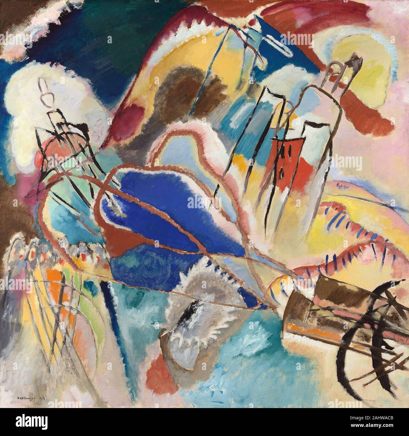 Vassily Kandinsky. Improvisation No 30 (canons). 1913. L'Allemagne. Huile sur toile dans son texte de 1912 concernant le spirituel dans l'Art, Vassily Kandinsky prôné un art qui pourrait aller au-delà de l'imitation du monde physique, inspirant, comme il le dit, "des vibrations dans l'âme." L'abstraction pionnier comme la plus riche, plus encore de forme d'expression artistique, Kandinsky croyaient que les propriétés physiques d'œuvres pourraient incorporer des émotions, et il a produit un groupe révolutionnaire de plus en plus de toiles abstraites-avec des titres tels que la fugue, Impression, et l'Improvisation-l'espoir de donner plus de peinture Banque D'Images Vassily Kandinsky. Improvisation No 30 (canons). 1913. L'Allemagne. Huile sur toile dans son texte de 1912 concernant le spirituel dans l'Art, Vassily Kandinsky prôné un art qui pourrait aller au-delà de l'imitation du monde physique, inspirant, comme il le dit, "des vibrations dans l'âme." L'abstraction pionnier comme la plus riche, plus encore de forme d'expression artistique, Kandinsky croyaient que les propriétés physiques d'œuvres pourraient incorporer des émotions, et il a produit un groupe révolutionnaire de plus en plus de toiles abstraites-avec des titres tels que la fugue, Impression, et l'Improvisation-l'espoir de donner plus de peinture Banque D'Images