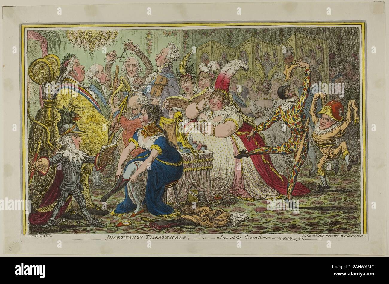 James Gillray. Dilettanti-Theatricals. 1803. L'Angleterre. À la main, gravure et aquatinte sur papier tout en théâtre antique n'a cessé d'inspirer le monde moderne, satiriste James Gillray laisse peu de doute quant à la qualité des artistes qu'on voit ici. Les Muses de théâtre, Thalia et Melpomene, sont appelés sur panneaux de la dressing écran avec Cécile, la patronne de la musique, le compositeur George Frideric Handel, le dramaturge William Shakespeare, et l'acteur David Garrick. La féroce Melpomene en effet l'air plutôt comme Lady Macbeth, avec un poignard et un calice soulevées au-dessus de sa Banque D'Images