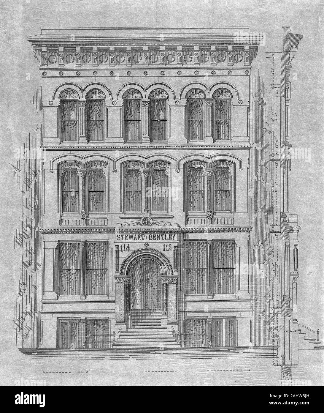 Carter, Drake et Wight (architecte). Stewart-Bentley Building, Chicago, Illinois, l'altitude et la section de mur extérieur. 1872. Dearborn Street, 30-32 Nord. Encre sur papier calque, monté sur papier fort Banque D'Images