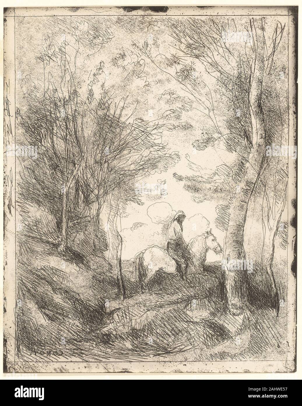 Jean Baptiste Camille Corot. Le cavalier dans les bois, grande plaque. 1849-1859. La France. Cliché-verre sur papier photographique d'ivoire Banque D'Images