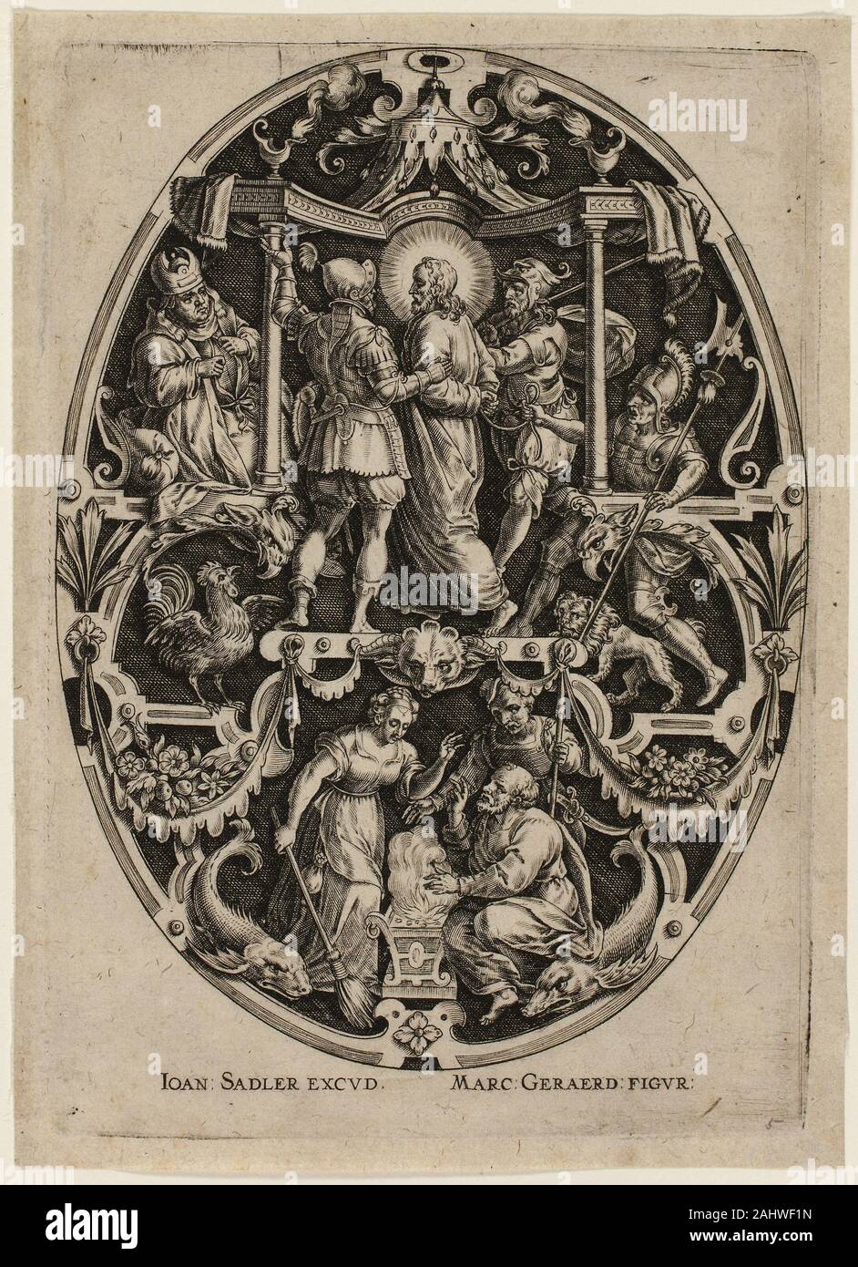 Jan Sadeler, l'Aîné. L'Arrestation du Christ, à partir de la Passion du Christ. 1570-1600. La Flandre. Gravure en noir sur papier vergé crème après Judas trahit lui avec le signe d'un baiser, le Christ est pris et sans résistance, en détention. L'apôtre Pierre peut être vu au bas de nier qu'il connaît Jésus pour la troisième fois avant que le coq (au milieu à gauche) les corneilles pour signaler l'aube. L'architecture du cadre ornementé a changé par rapport à celle d'un jardin d'un bâtiment avec des colonnes de tentes où Jésus sera retenu prisonnier. Banque D'Images