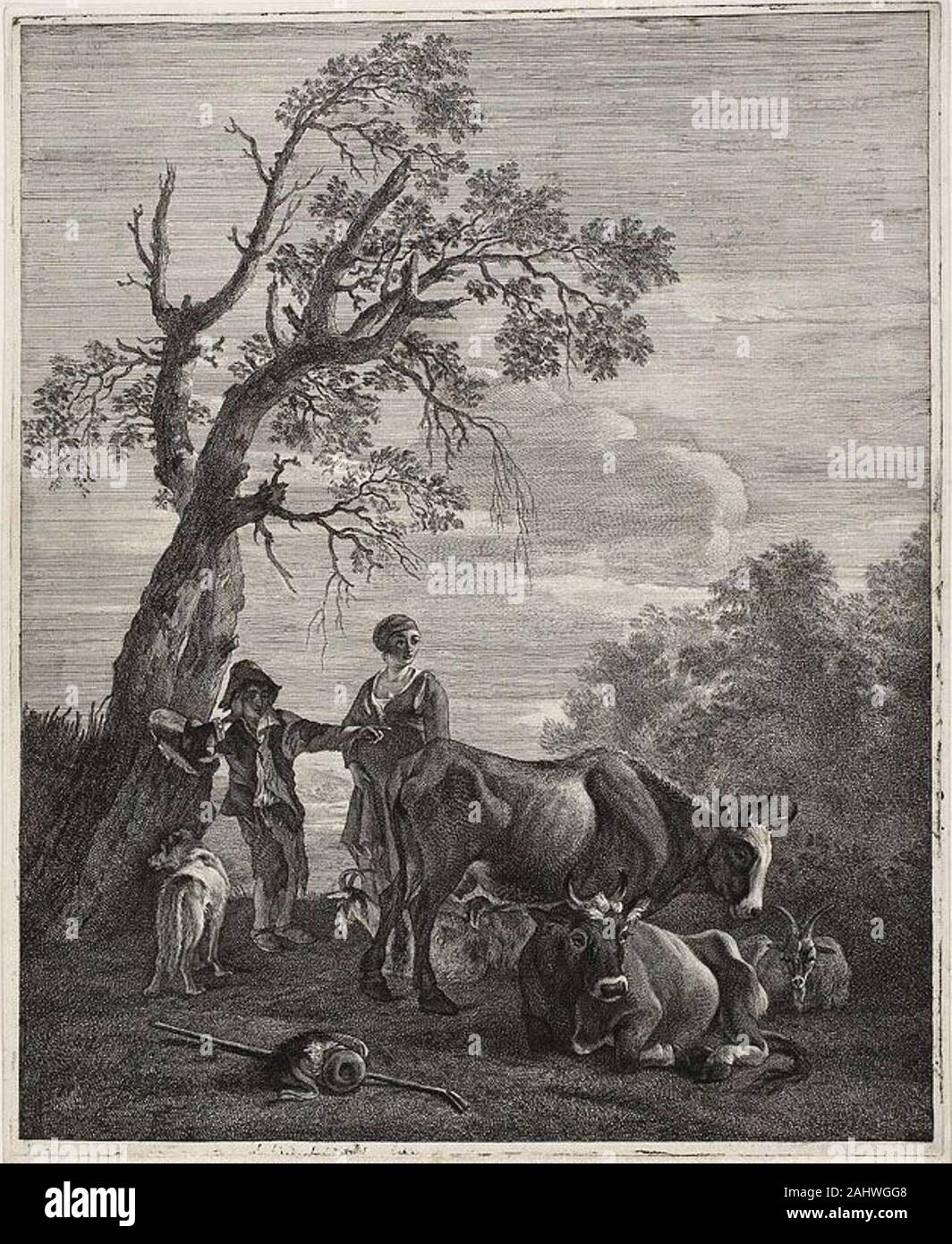 Cornelis Visscher. Un troupeau de repos. 1649-1658. La Hollande. Gravure sur papier vergé ivoire Bien que sa vie fut courte, Cornelis Visscher était l'une des plus importantes et productives des dessinateurs et graveurs portrait néerlandais du 17e siècle. Probablement formés par Pieter Soutman, il a commencé à travailler de manière autonome après 1650 et s'installe à Amsterdam après 1653. Il fait d'innombrables gravures bibliques, historiques, de genre, et du paysage, les deux sujets après sa propre conception et après d'autres. Il a été particulièrement talentueux dans les études animales et réputé pour son dessiné et gravé des portraits. Pieter van Laer, un Dutc Banque D'Images
