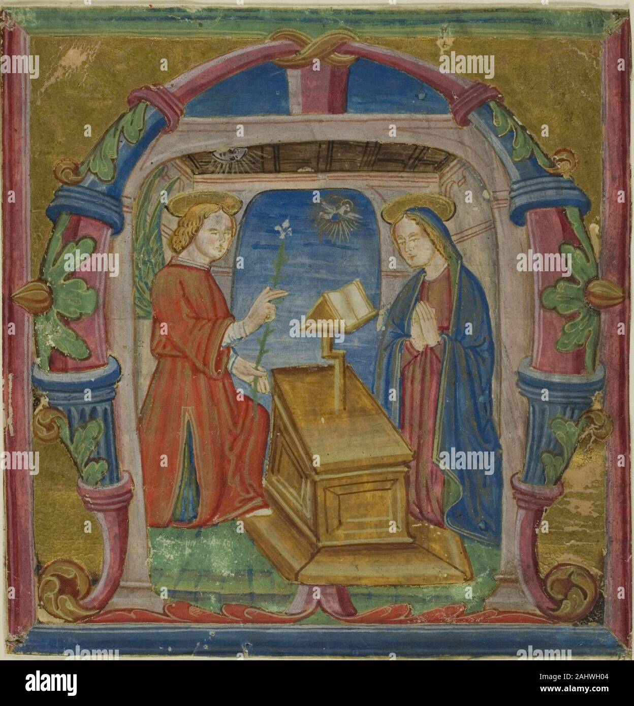 L'Annonciation dans une initiale historiée M d'un Antiphonary. 1401-1500. L'Italie. Manuscrit de la coupe dans la tempera et feuille d'or sur parchemin, avec gothica textura inscriptions en brun noir d'encre, verso Banque D'Images L'Annonciation dans une initiale historiée M d'un Antiphonary. 1401-1500. L'Italie. Manuscrit de la coupe dans la tempera et feuille d'or sur parchemin, avec gothica textura inscriptions en brun noir d'encre, verso Banque D'Images