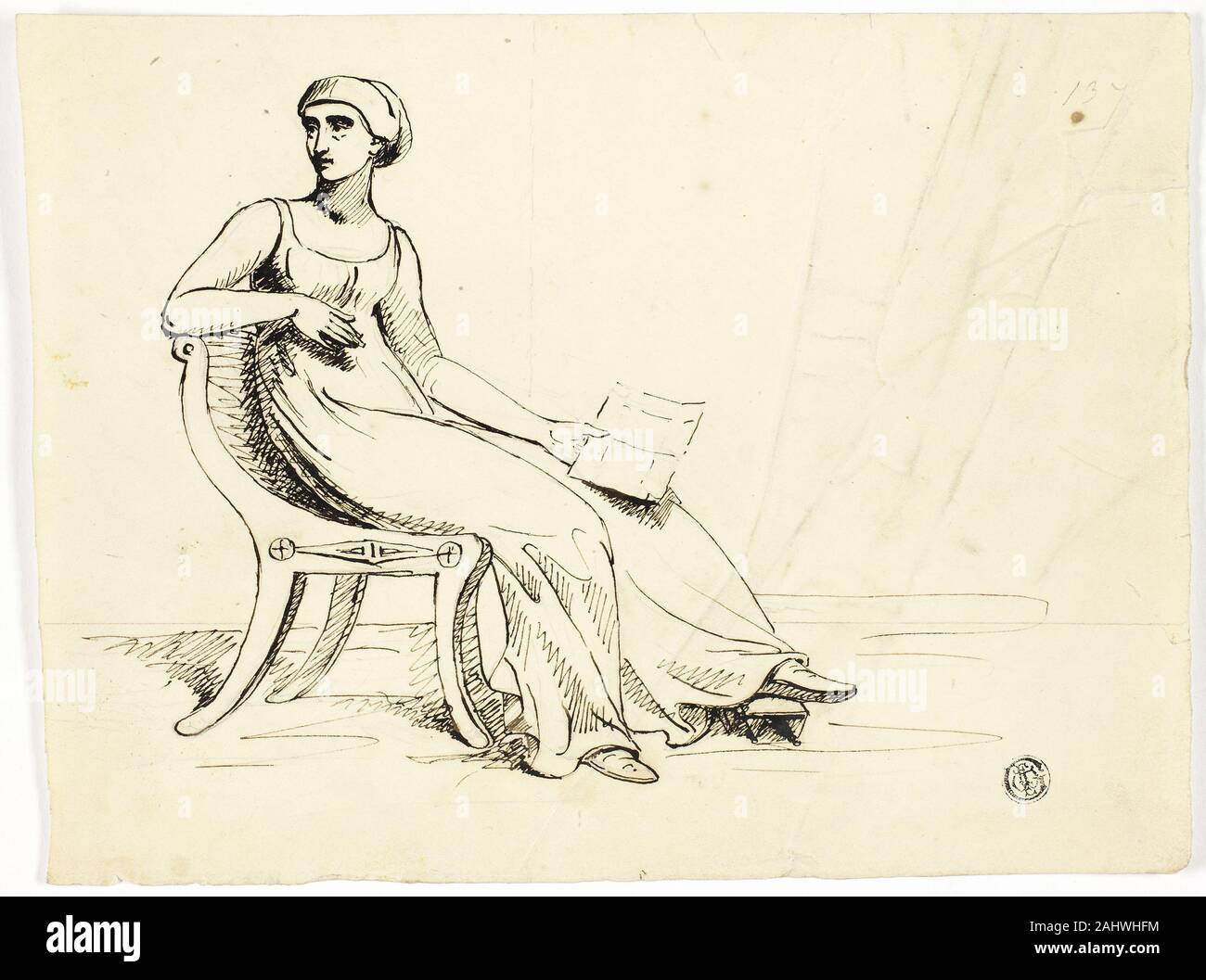 John Downman. Femme assise dans la chaise romaine. 1770-1824. L'Angleterre. Plume et encre brune, avec une touche de graphite, sur vélin crème Banque D'Images