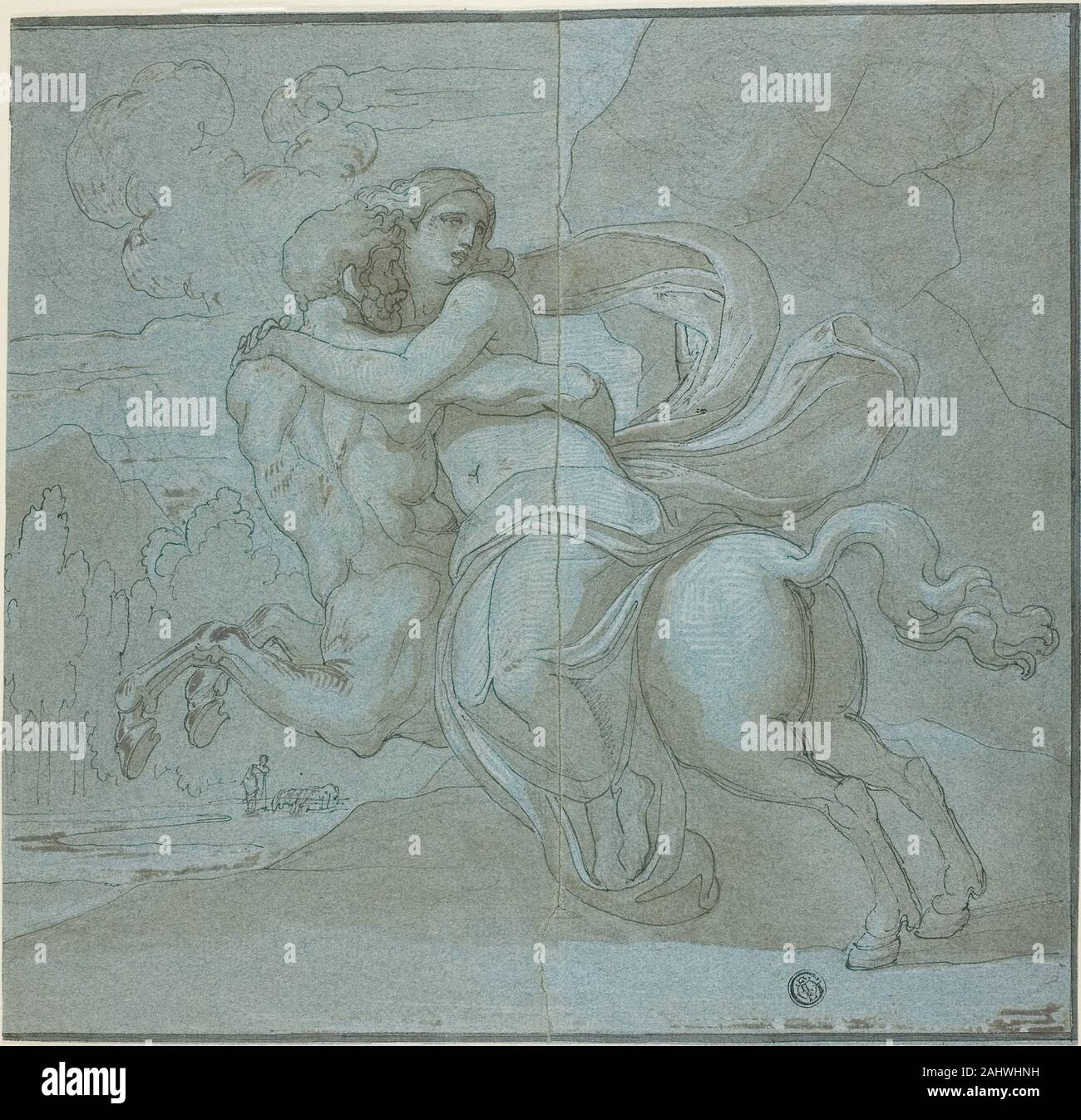 Cercle de Vincenzo Camuccini. Deianira et nessus. De 1600 à 1699. L'Italie. Plume et encre noire, avec pinceau et lavis pâle, plus de craie noire, avec le blanc de plomb (décolorée), sur papier vergé bleu Banque D'Images