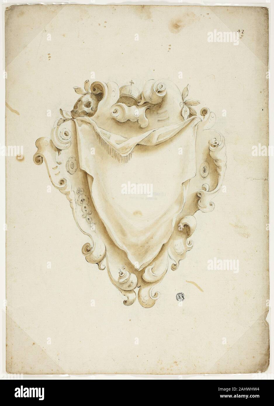 Conception pour Écusson, avec l'Orbe. 1700-1799. L'Italie. Craie noire et pinceau et lavis sur papier vergé ivoire Banque D'Images