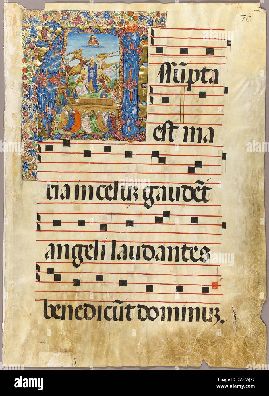 L'Assomption de la Vierge dans une initiale historiée de façon progressive. 1480-1520. L'Espagne. Manuscrit de la coupe dans la tempera et feuille d'or, avec gothica textura inscriptions en latin à l'encre noire, a statué en rouge, rouge avec des rubriques et autres décorations, sur parchemin Banque D'Images L'Assomption de la Vierge dans une initiale historiée de façon progressive. 1480-1520. L'Espagne. Manuscrit de la coupe dans la tempera et feuille d'or, avec gothica textura inscriptions en latin à l'encre noire, a statué en rouge, rouge avec des rubriques et autres décorations, sur parchemin Banque D'Images