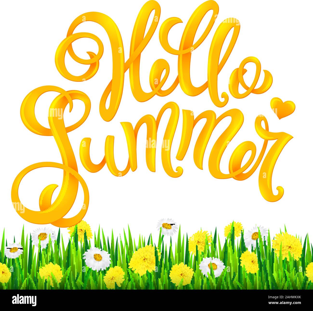 Des vacances d'concept. Hello summer lettrage dessiné à la main. Vector illustration réaliste avec l'herbe fraîche et de fleurs. Illustration de Vecteur