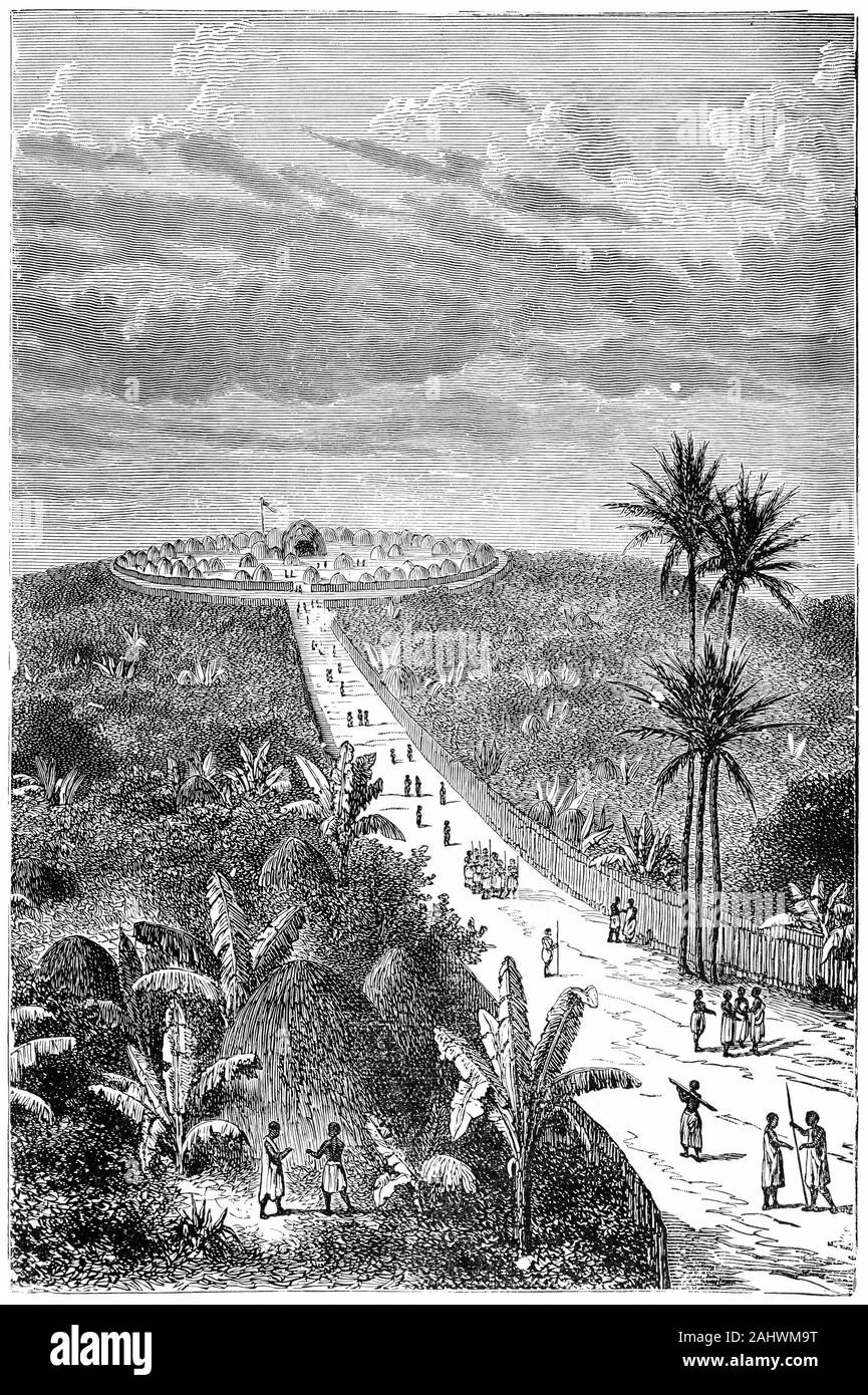 Gravure de Kampala, capitale de l'Ouganda, dans les années 1800, quand les Britanniques l'a qualifié de la colline de l'Impala. Cela a mené à la nom de Kampala. Banque D'Images