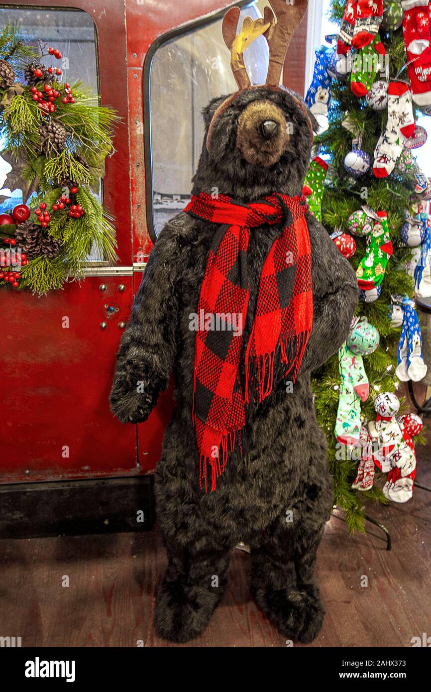 Grand ours farci, tout vêtu pour les vacances de Noël alors qu'il se tient à regarder les clients dans un magasin. Banque D'Images