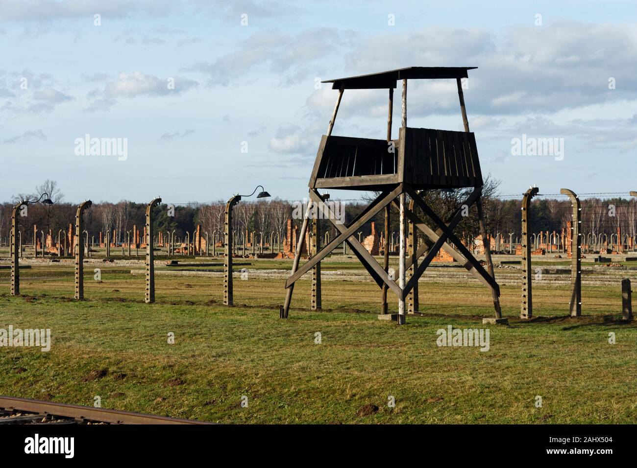 Guard's Watch Tower à l'intérieur d'Auschwitz II-Birkenau, camp de concentration Brzezinka, Pologne Banque D'Images