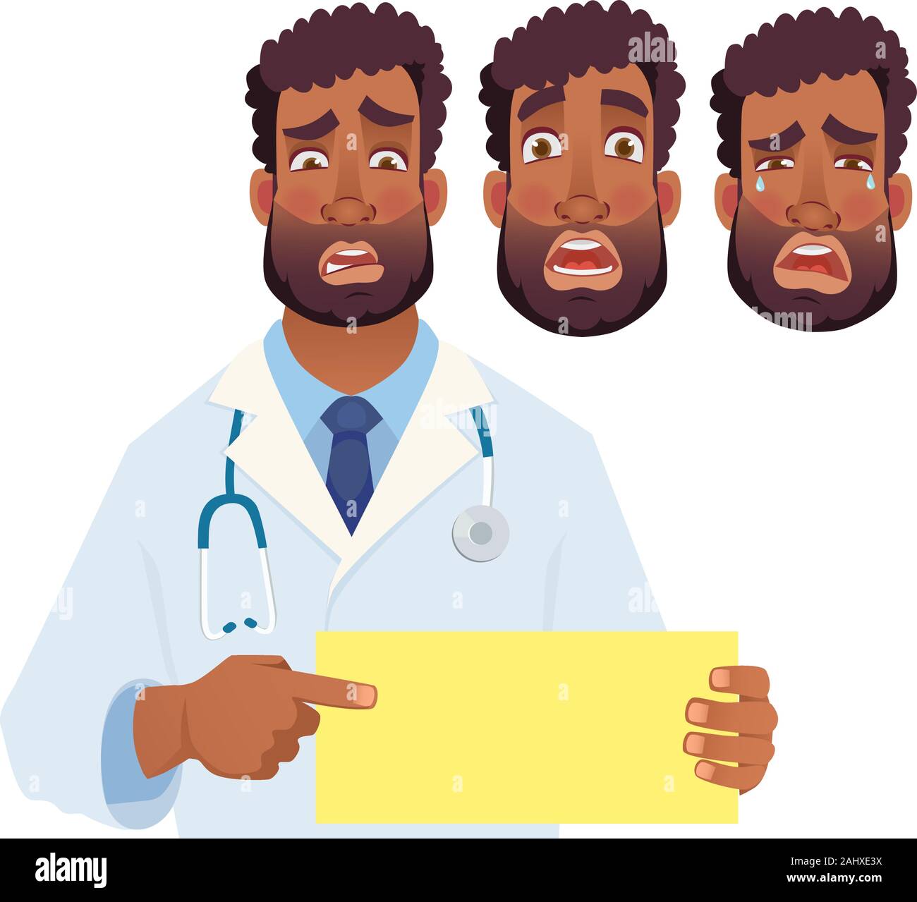 Doctor holding blank sign. African doctor pointing at la carte. Set vector illustration Illustration de Vecteur